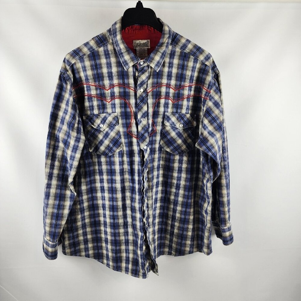 Express Rider Shirt Men 2XL Western Pearl Snap Long Sleeve Blue Red Tan